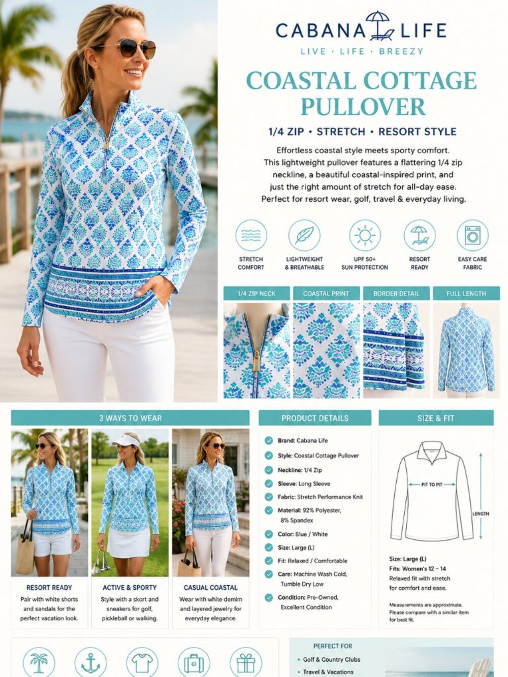 Cabana Life Pullover Womens L Coastal Cottage 1/4 Zip Resort Stretch Top Sport